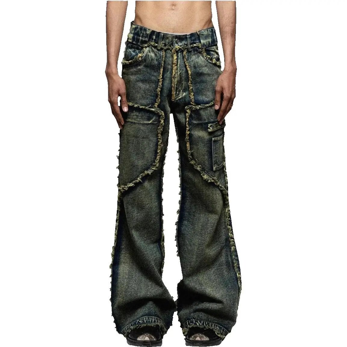 No Faith Studios Flared Distressed Denim